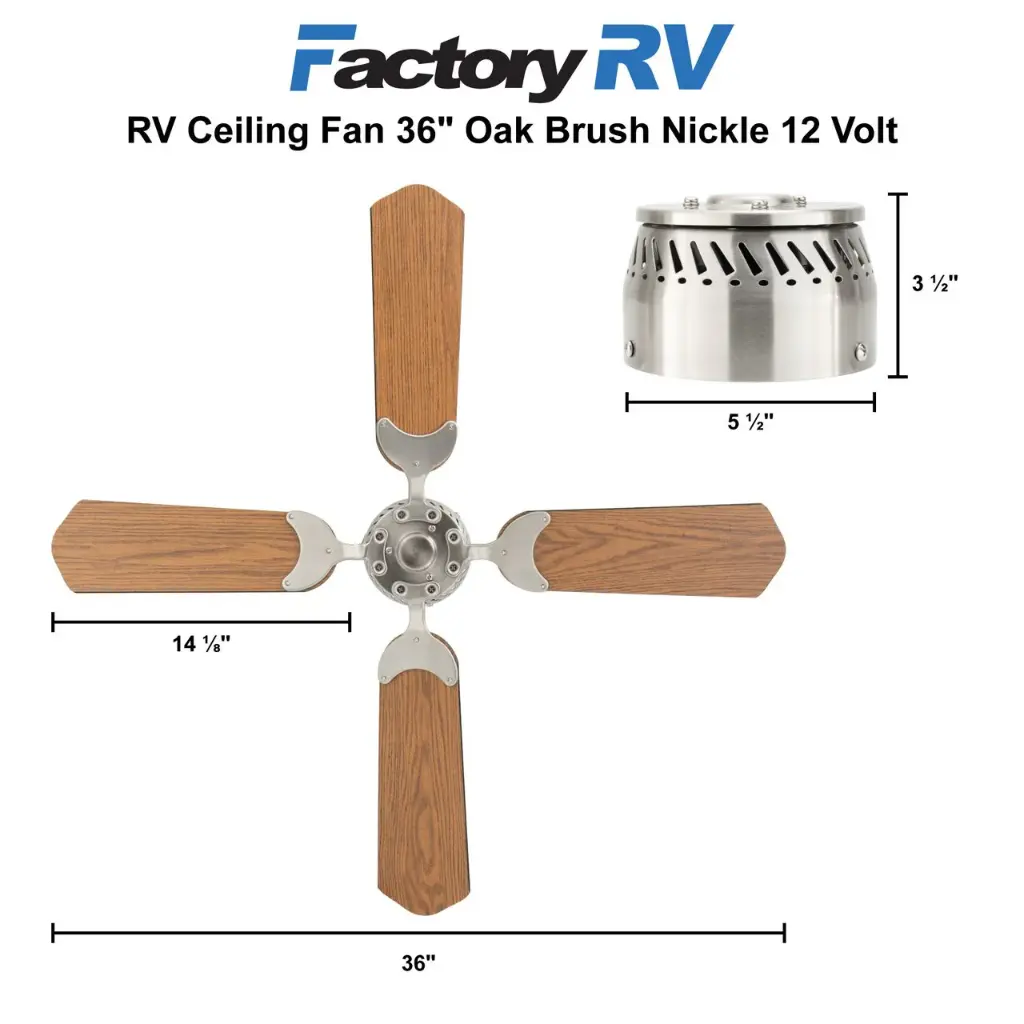 RV Ceiling Fan | 36" Oak Brush Nickle | 12 Volt