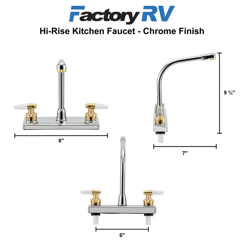 RV Kitchen High Rise Faucet | Chrome Finish | Polished Brass Handles