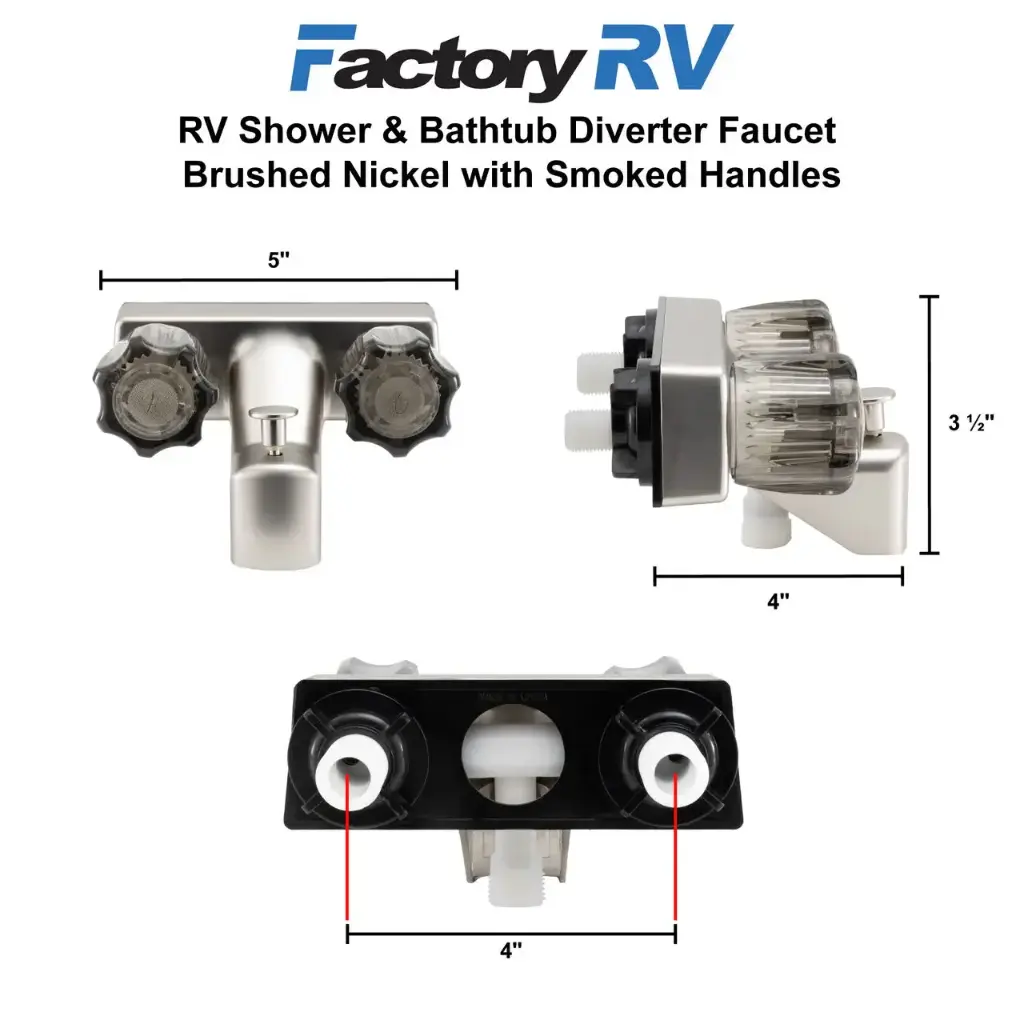 RV Shower Faucet & Bathtub Diverter | Brushed Nickel with Smoked Handles