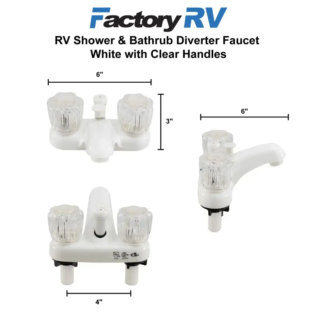 RV Shower Faucet & Bathtub Diverter | White with Clear Handles