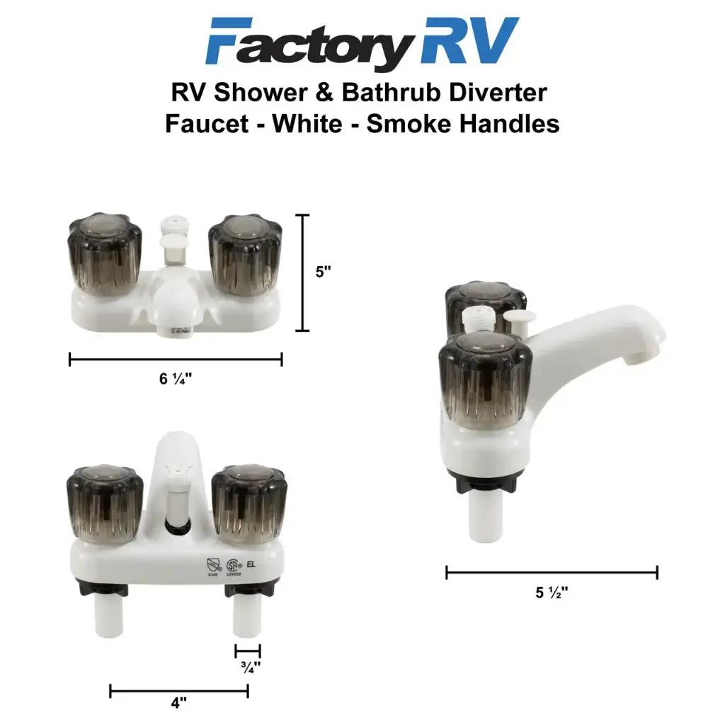 RV Shower Faucet & Bathtub Diverter | White | Smoke Handles