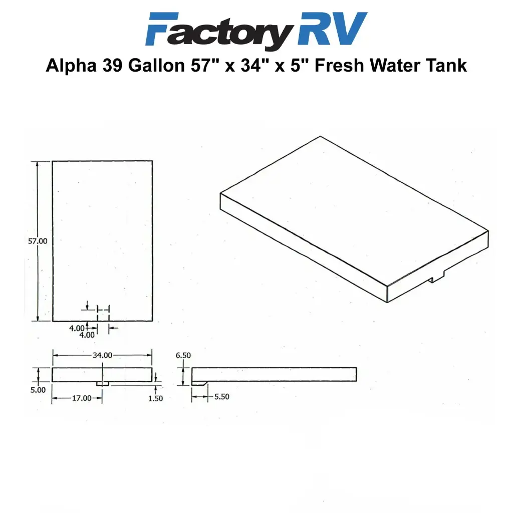 RV Fresh Water Tank 39 Gallon | 57" x 34" x 5" | Alpha VR34575W (without fittings)