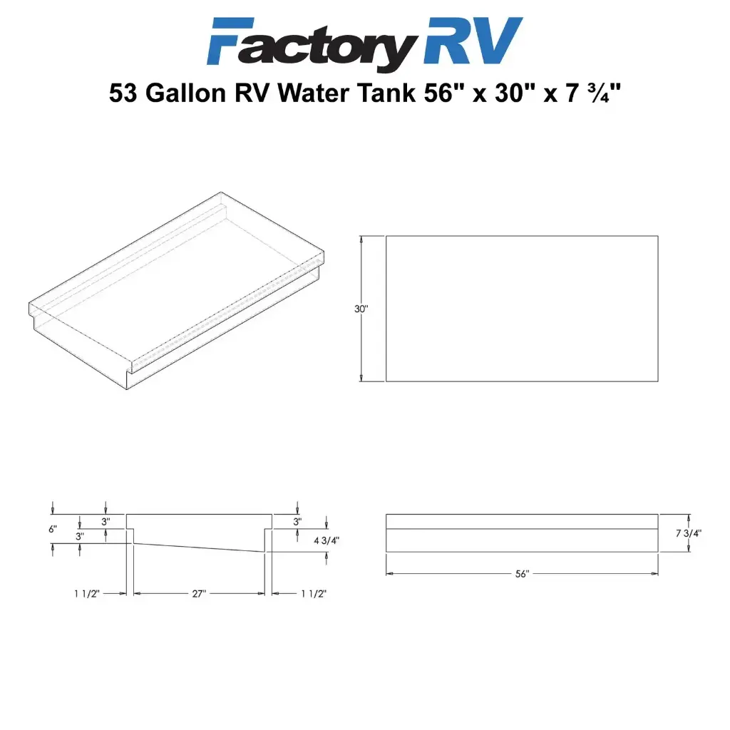 RV Fresh Water Tank 53 Gallon | 56" x 30" x 7 ¾" | Elkhart Plastics EPI 1339 (without fittings)