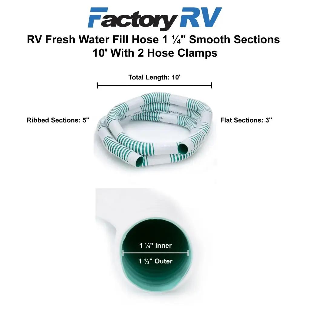RV Fresh Water Fill Hose 1 ¼" Smooth Sections 10' | With 2 Hose Clamps