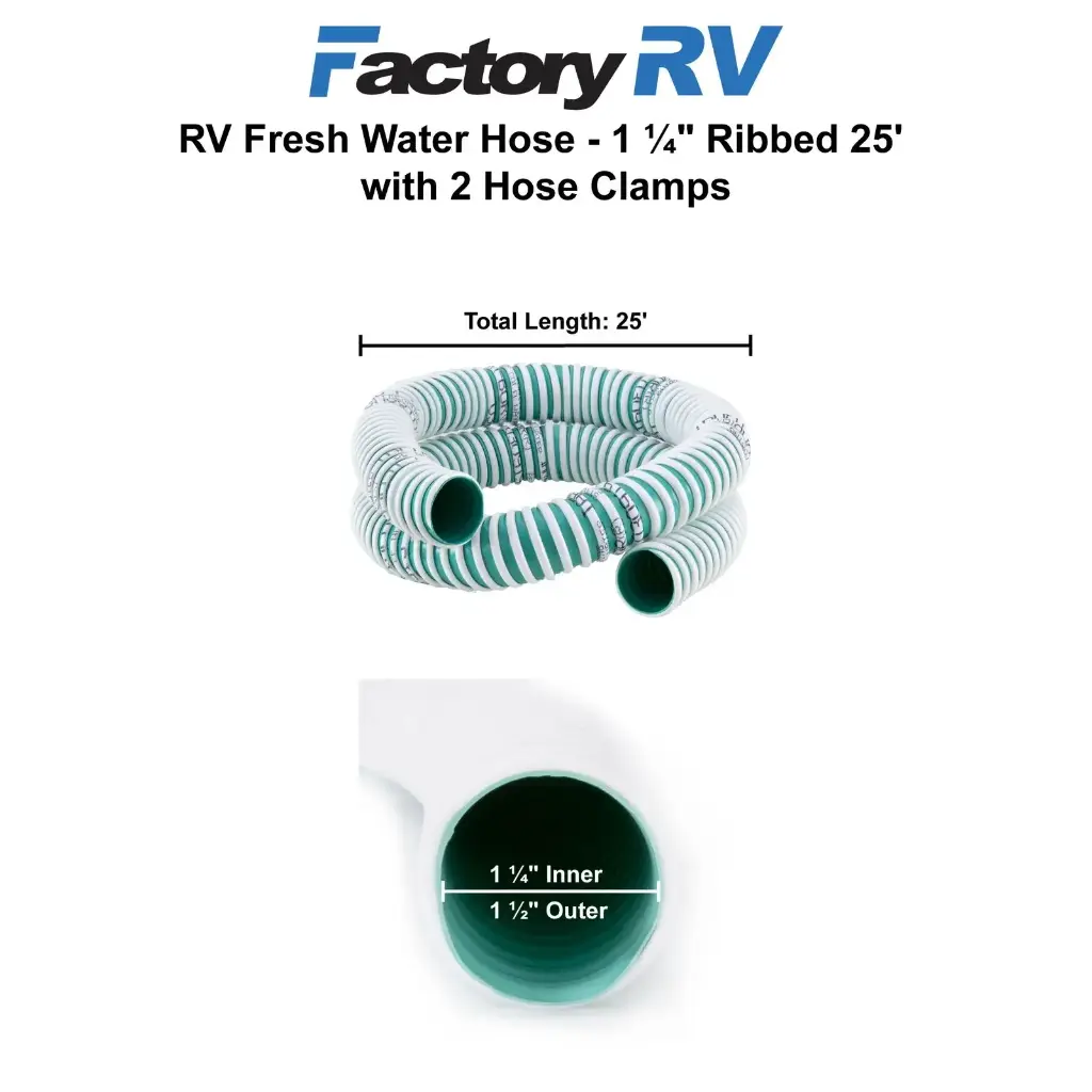 RV Fresh Water Fill Hose 1 ¼" Ribbed 25' | With 2 Hose Clamps