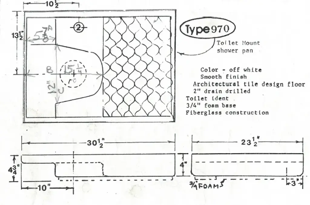 #970 Dolphin RV fiberglass shower pan/toilet mount