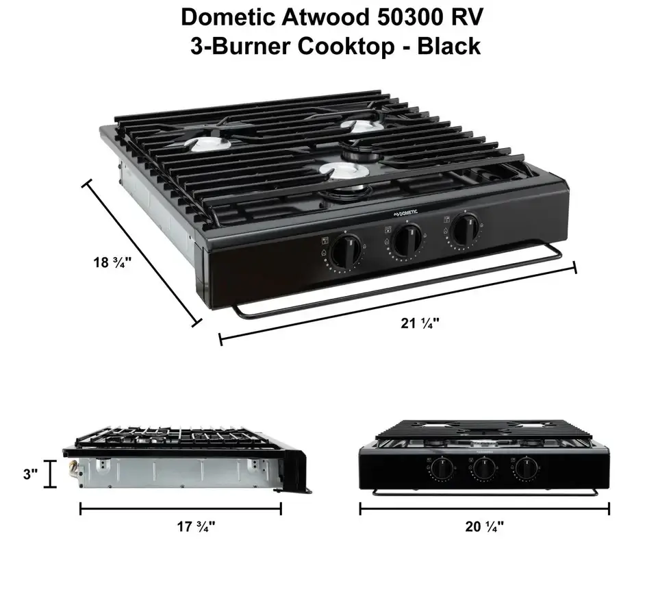 Dometic RV 3-Burner Gas Cooktop | Black