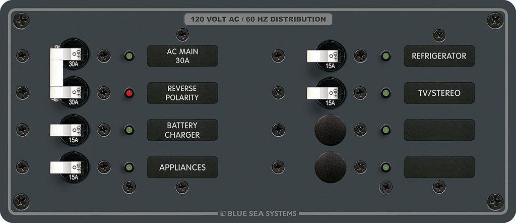 120V HORIZONTAL PANEL AC 6 CIRCUIT + MAIN - BLUE SEA